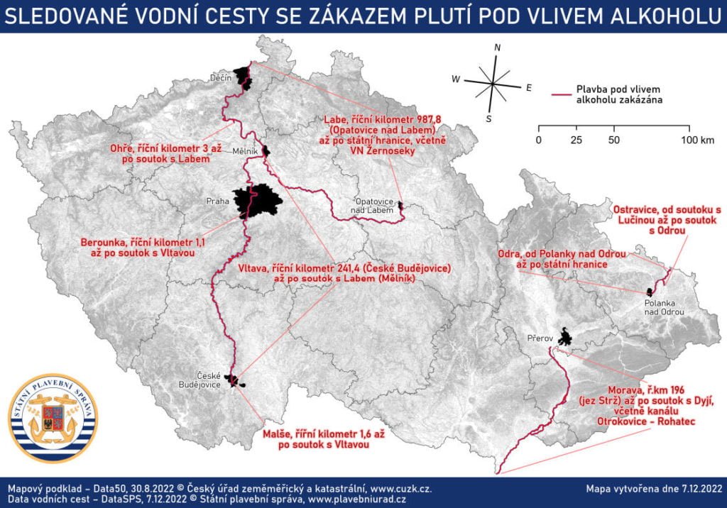 Sledované vodní cesty se zákazem plutí pod vlivem alkoholu.