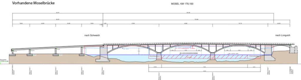 Profil mostu ve městě Schweich na říčním kilometru Mosely 178.